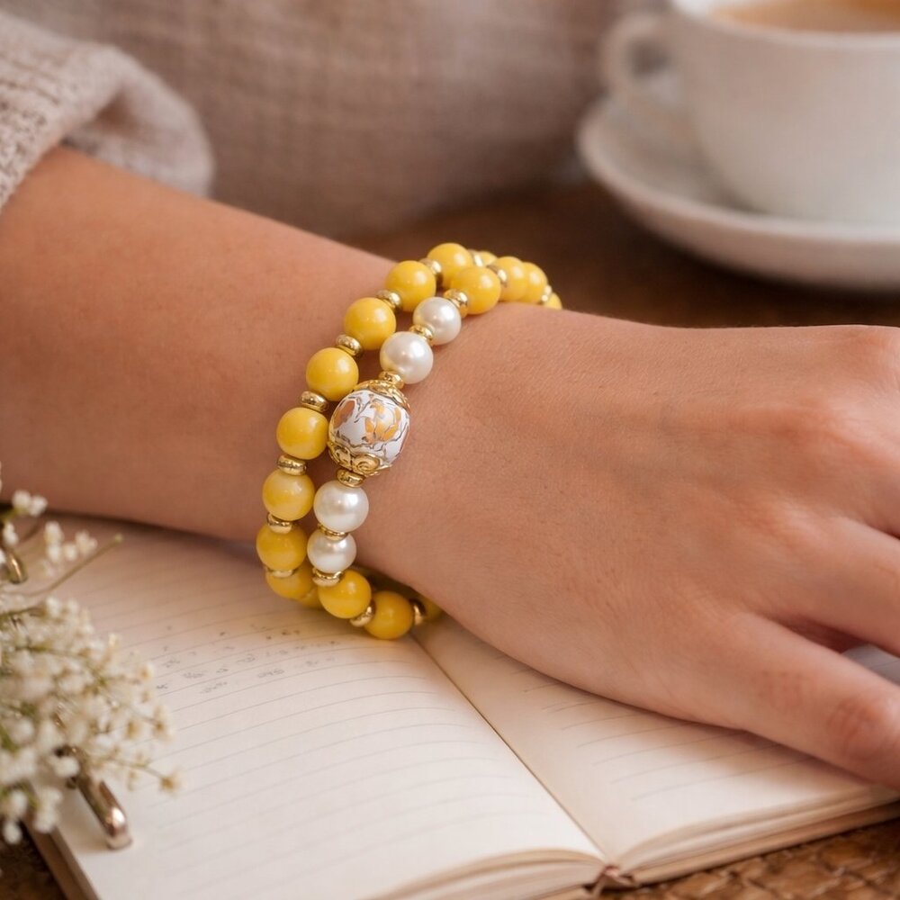 Yellow Beaded Wrap Bracelet with Gold Accents & Floral Focal Bead